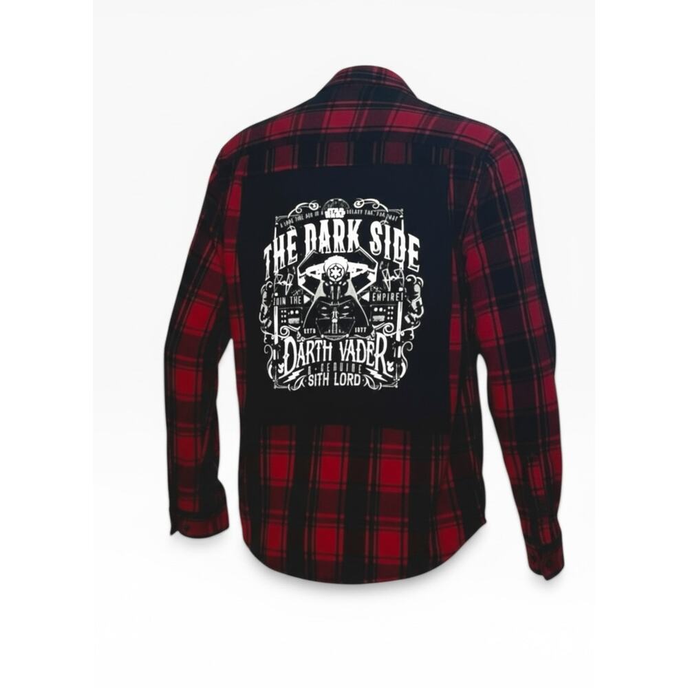 Darth Vader Join The Dark Side Upcycled Red Plaid Flannel Shirt Patch Back S